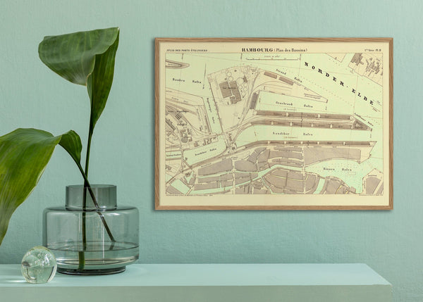 Vintage City Map of Hamburg Harbour, Germany 1884