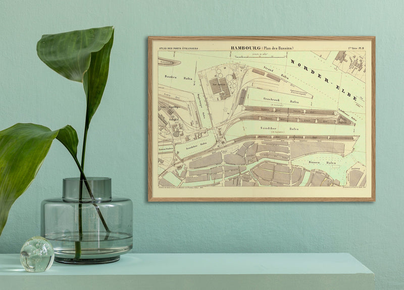Vintage City Map of Hamburg Harbour, Germany 1884