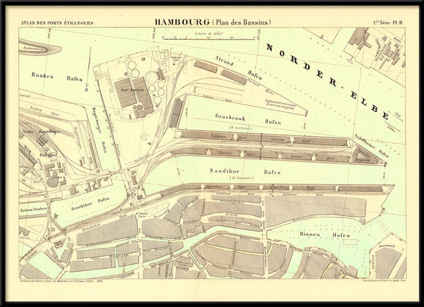 Vintage City Map of Hamburg Harbour, Germany 1884