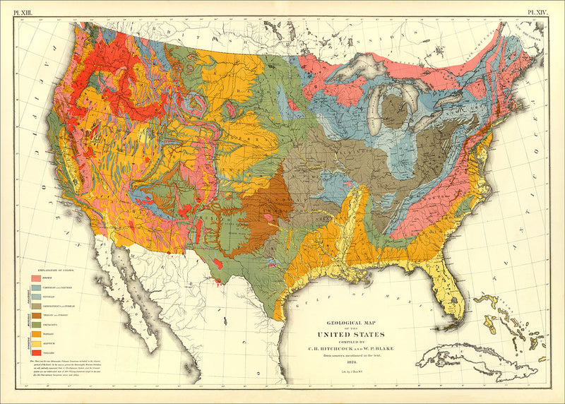 Vintage Geological map of the US, 1874