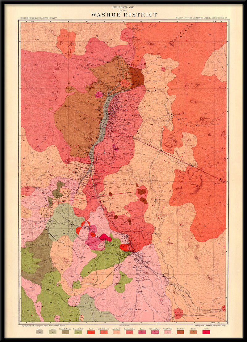 Vintage Geological map of Washoe Mining District, Nevada