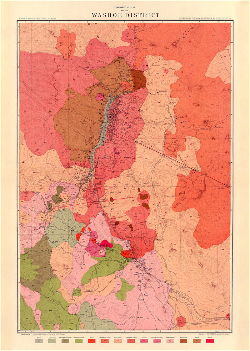 Vintage Geological map of Washoe Mining District, Nevada