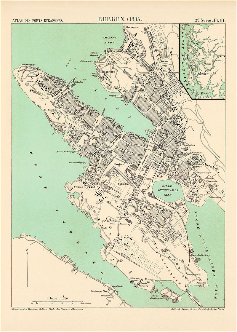 Vintage map of Bergen, Norway