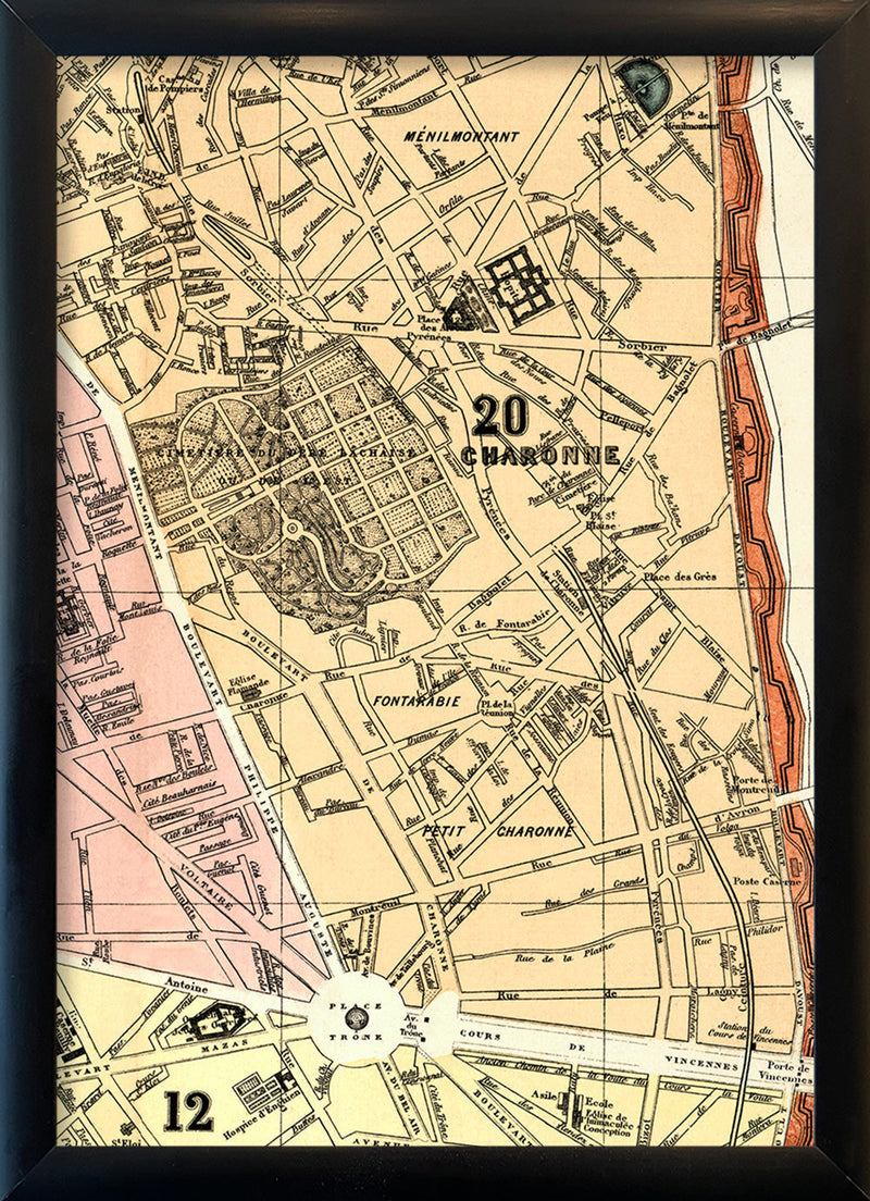 Map of Paris 12th and 20th Arrondissement Close Up. Mini Print