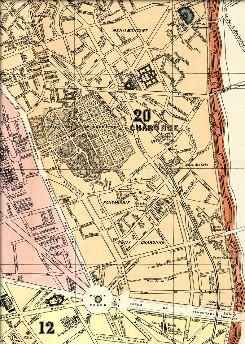 Map of Paris 12th and 20th Arrondissement Close Up. Mini Print