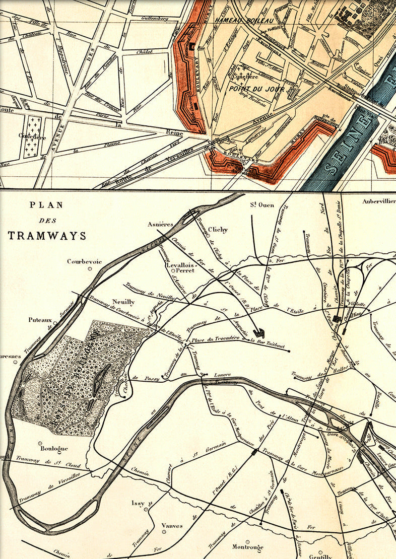 Map of Paris Plan des Tramways Close Up. Mini Print