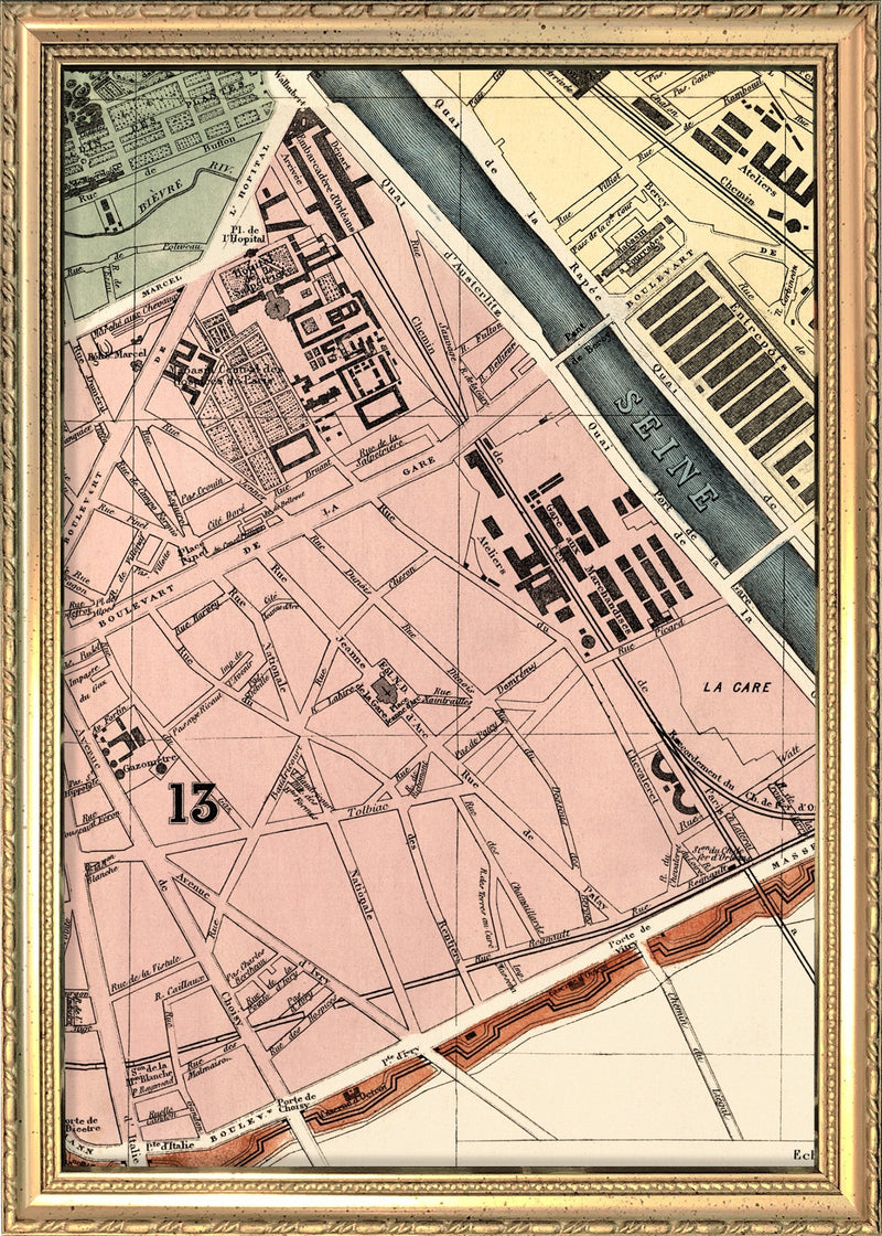 Map of Paris 13th Arrondissement Close Up. Mini Print