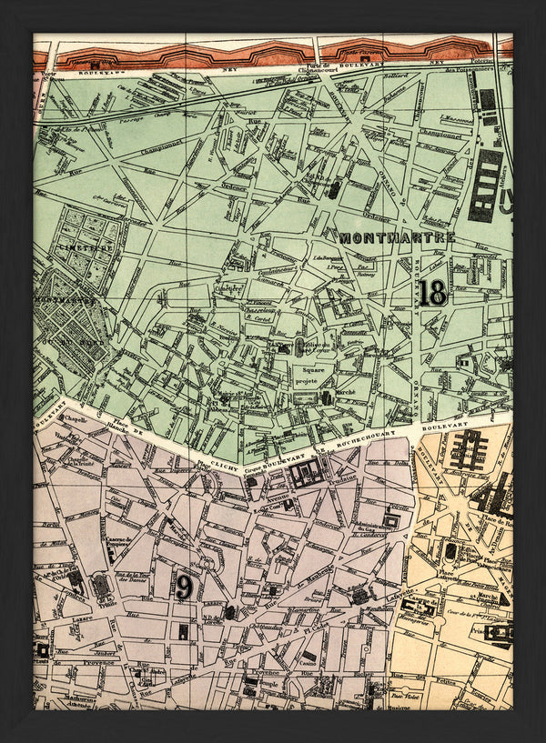 Map of Paris 9th and 18th Arrondissement Close Up. Mini Print