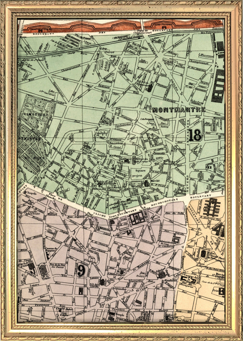 Map of Paris 9th and 18th Arrondissement Close Up. Mini Print
