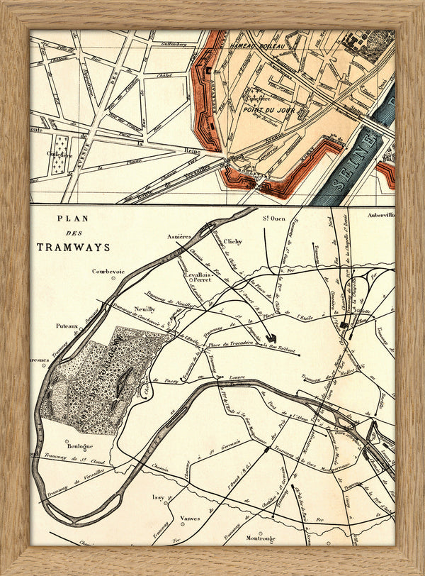Map of Paris Plan des Tramways Close Up. Mini Print
