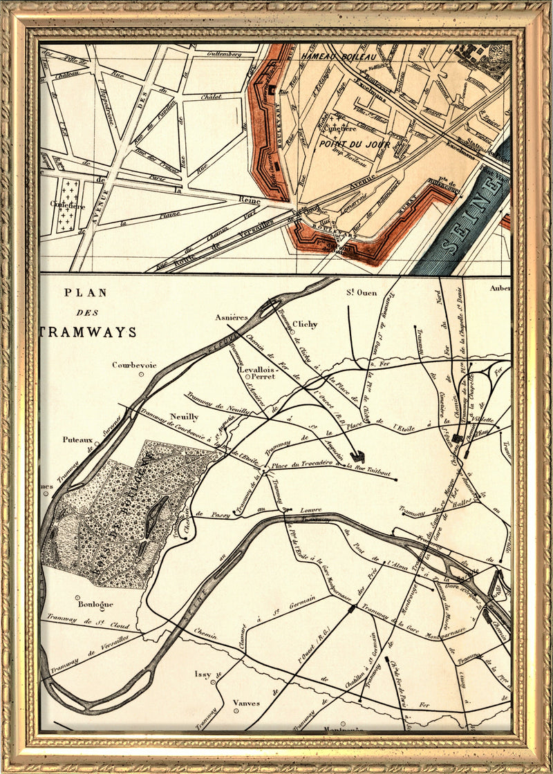 Map of Paris Plan des Tramways Close Up. Mini Print